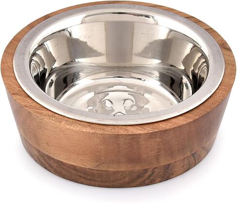 وعاء عميق للكلاب من خشب السنط والفولاذ من نيرمان، وعاء طعام وماء للكلاب لتقليل الضغط على المفاصل والعظام (6 بوصة × 6 بوصة × 2.25 بوصة) in Kuwait
