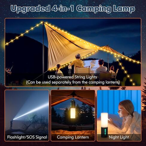 Upgraded Camping String Lights 33FT 8 Modes, Camping Lantern with 4000mAh Battery Charger, Rechargeable 3 Colors Dimmable Camping Lights Flashlight Waterproof for Tent Emergency Outdoor Hiking in Saudi Arabia