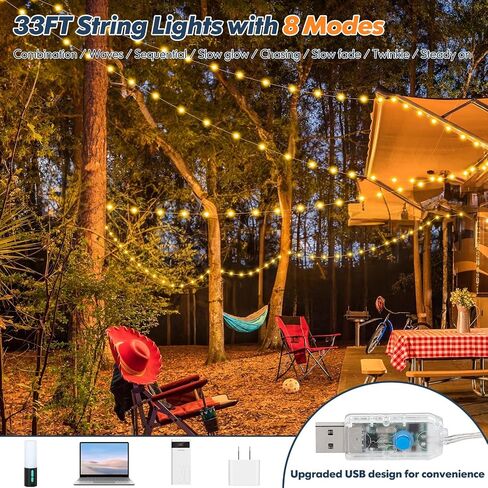 Upgraded Camping String Lights 33FT 8 Modes, Camping Lantern with 4000mAh Battery Charger, Rechargeable 3 Colors Dimmable Camping Lights Flashlight Waterproof for Tent Emergency Outdoor Hiking in Saudi Arabia