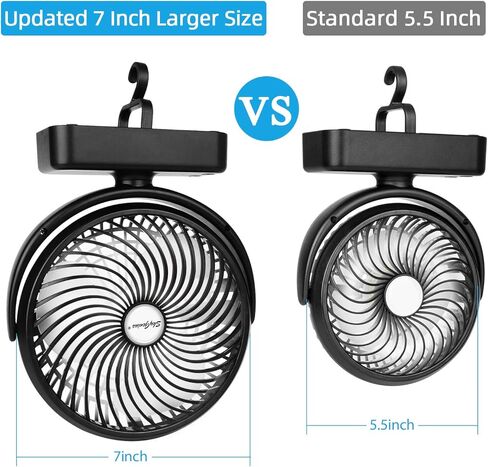 مروحة تخييم مقاس 17.78 سم مع فانوس ليد، بطارية قابلة لإعادة الشحن 5000 مللي أمبير/مروحة تعمل باليو إس بي مع خطاف تعليق لخيمة السيارة الترفيهية in Kuwait