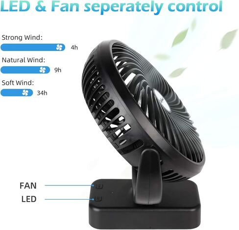 مروحة تخييم مقاس 17.78 سم مع فانوس ليد، بطارية قابلة لإعادة الشحن 5000 مللي أمبير/مروحة تعمل باليو إس بي مع خطاف تعليق لخيمة السيارة الترفيهية in Kuwait