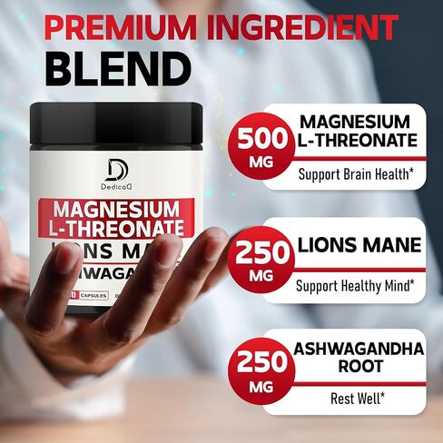 مكمل المغنيسيوم ل-ثريونات مع عرف الأسد وجذور أشواغاندا - 1000 ملجم لكل جرعة لإمدادات 60 قطعة - دعم الصيغة المتقدمة in Kuwait