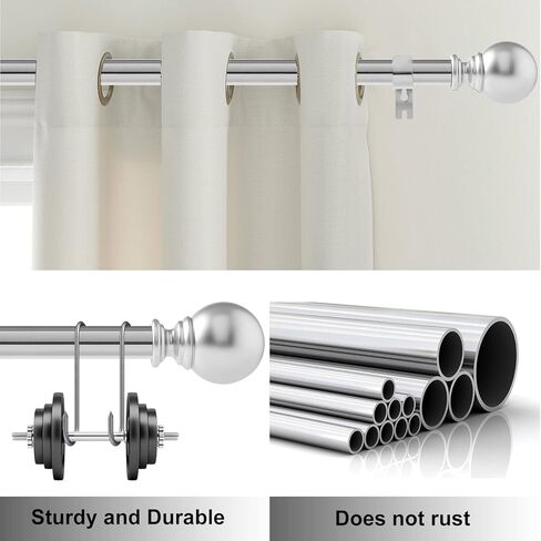 قضبان ستائر فضية شديدة التحمل للنوافذ مقاس 28-48 بوصة، مجموعة قضبان ستائر تعتيم مقاس 1 بوصة، مع حامل قابل للتعديل، لغرفة النوم، وغرفة المعيشة، والمطبخ (2.5-4 قدم فضي) in Kuwait