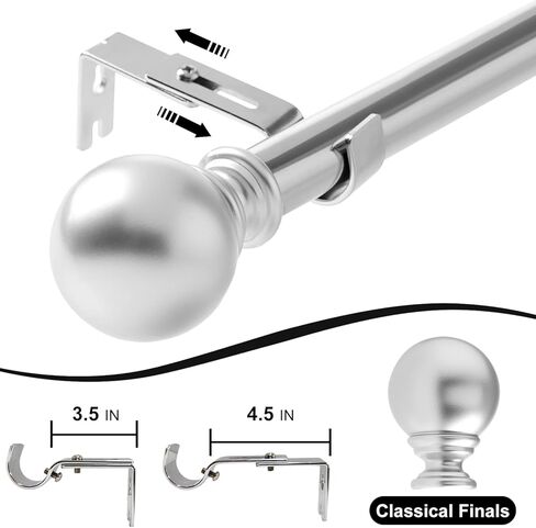 قضبان ستائر فضية شديدة التحمل للنوافذ مقاس 28-48 بوصة، مجموعة قضبان ستائر تعتيم مقاس 1 بوصة، مع حامل قابل للتعديل، لغرفة النوم، وغرفة المعيشة، والمطبخ (2.5-4 قدم فضي) in Kuwait