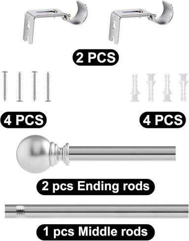 قضبان ستائر فضية شديدة التحمل للنوافذ مقاس 28-48 بوصة، مجموعة قضبان ستائر تعتيم مقاس 1 بوصة، مع حامل قابل للتعديل، لغرفة النوم، وغرفة المعيشة، والمطبخ (2.5-4 قدم فضي) in Kuwait