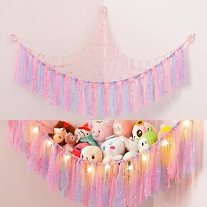 هومكوزان ارجوحة العاب للحيوانات المحشوة، منظم شبكي للتعليق على الحائط مع اضاءة LED، ارجوحة حيوانات محشوة لغرفة نوم الاطفال مع شراشيب 58 انش 46 انش 46 انش 46 انش in Kuwait