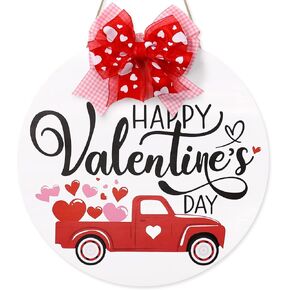 Happy Valentine's Day Wooden Round Door Hanger Red Heart Truck Front Wall Sign Rustic Holiday Romantic Home Decoration Festive Farmhouse Ornament Ideas Supplies 12 Inches in Kuwait