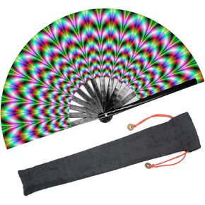 Large Rave Folding Hand Fan for Women/Men,Chinese/Japanese with Bamboo and Nylon-Cloth Handheld Fan,for Performance,Decorations, Dance,Festival Party,Gift (C03)