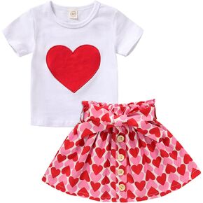 YOUNGER TREE Toddler Baby Girl Valentine's Day Outfit Heart T-shirt Tops and A-line Skirt Sets Kids 2Pcs Fashion Clothes