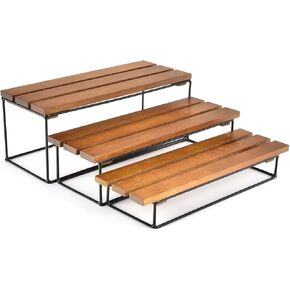 حامل كب كيك خشبي من خشب الجوز من Hardware Haus، حامل عرض خشبي من 3 طبقات مع قاعدة معدنية سوداء، حامل عرض برج مستطيل لأحداث البائع، خشب الجوز (مجموعة 16 بوصة) in Kuwait