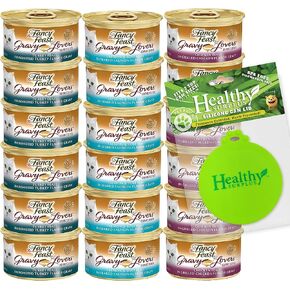 فائض صحي - غطاء سيليكون للقطط (1) وعبوات متنوعة من طعام القطط الرطب من فانسي فيست جرافي لافرز | ديك رومي، سمك السلمون، سمك السلمون، وليمة الدجاج بنكهة المرق، بروتينات خالية من الحبوب (عبوة من 18 قطعة) | باقة in Kuwait