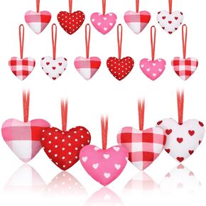 Valentine's Day Heart Shaped Hanging Ornaments, 24 Pieces Fabric Heart Shape Baubles Buffalo Plaid Hanging Ornaments for Valentine's Tree Wedding Party