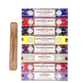 مجموعة هدايا بخور ساتيا Nag Champa+ Free New Age Imports, Inc.® Burner| ناج تشامبا، النعيم السماوي، إزهار منتصف الليل، البركة الإلهية، المريمية البيضاء، دم التنين، الخزامى، شروق الشمس in Kuwait