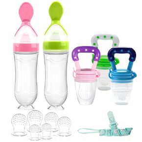Food Feeder Baby Fruit Feeder Pacifier (3 Pcs) with 6 Different Sized Silicone Pacifiers 2 PCS Silicone Baby Food Dispensing Spoon 90ML with 2 Baby Spoons Pacifier Clip Infant Fruit Teething Toy-Pink