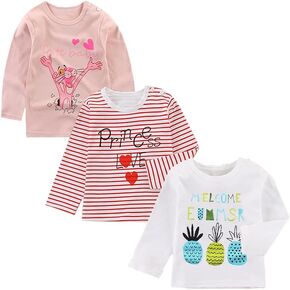 تي شيرت بأكمام طويلة للفتيات الصغيرات من القطن كاجوال برقبة مستديرة ورقبة مستديرة ورسومات مكونة من 3 مجموعات باللون الأبيض والأحمر in Kuwait