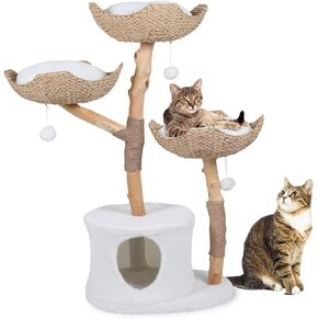 Modern Indoor Cat Tree with Multiple Levels | Solid Real Wood Cat Tower, Luxury Cat Furniture for Climbing, Scratch Free Rope with Pom-Pom, Cat Bed, Fits up to 4 Cats, Ideal for Large or Small Cats in Saudi Arabia