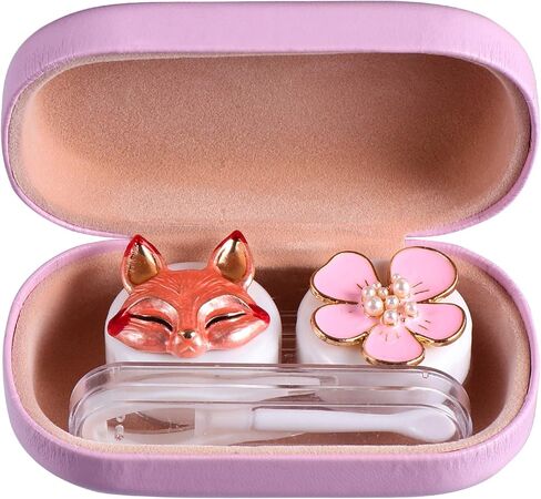 حافظة عدسات لاصقة بتصميم زهرة الثعلب الكرتوني، صندوق منظم محمول مع مراة واداة ازالة الملقط للاستخدام اليومي في الهواء الطلق، زهري, زهري, محمول in Kuwait