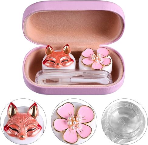 حافظة عدسات لاصقة بتصميم زهرة الثعلب الكرتوني، صندوق منظم محمول مع مراة واداة ازالة الملقط للاستخدام اليومي في الهواء الطلق، زهري, زهري, محمول in Kuwait