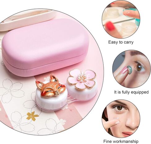 حافظة عدسات لاصقة بتصميم زهرة الثعلب الكرتوني، صندوق منظم محمول مع مراة واداة ازالة الملقط للاستخدام اليومي في الهواء الطلق، زهري, زهري, محمول in Kuwait