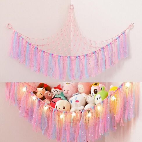 هومكوزان ارجوحة العاب للحيوانات المحشوة، منظم شبكي للتعليق على الحائط مع اضاءة LED، ارجوحة حيوانات محشوة لغرفة نوم الاطفال مع شراشيب 58 انش 46 انش 46 انش 46 انش in Kuwait