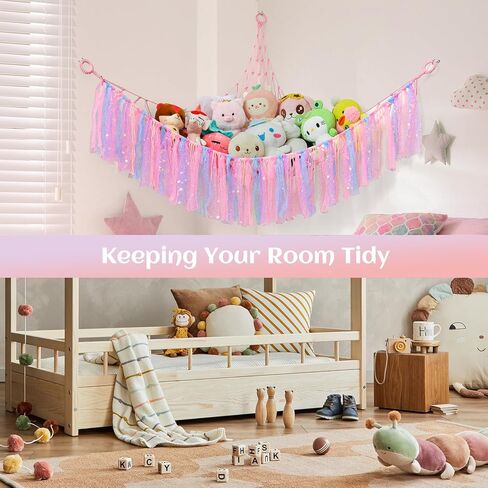 هومكوزان ارجوحة العاب للحيوانات المحشوة، منظم شبكي للتعليق على الحائط مع اضاءة LED، ارجوحة حيوانات محشوة لغرفة نوم الاطفال مع شراشيب 58 انش 46 انش 46 انش 46 انش in Kuwait