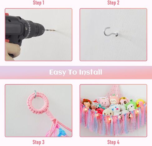 هومكوزان ارجوحة العاب للحيوانات المحشوة، منظم شبكي للتعليق على الحائط مع اضاءة LED، ارجوحة حيوانات محشوة لغرفة نوم الاطفال مع شراشيب 58 انش 46 انش 46 انش 46 انش in Kuwait