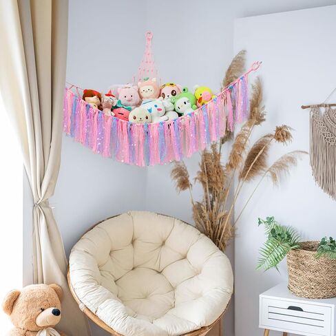 هومكوزان ارجوحة العاب للحيوانات المحشوة، منظم شبكي للتعليق على الحائط مع اضاءة LED، ارجوحة حيوانات محشوة لغرفة نوم الاطفال مع شراشيب 58 انش 46 انش 46 انش 46 انش in Kuwait