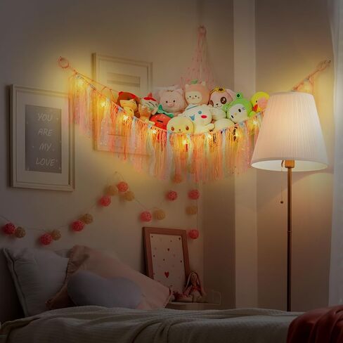 هومكوزان ارجوحة العاب للحيوانات المحشوة، منظم شبكي للتعليق على الحائط مع اضاءة LED، ارجوحة حيوانات محشوة لغرفة نوم الاطفال مع شراشيب 58 انش 46 انش 46 انش 46 انش in Kuwait