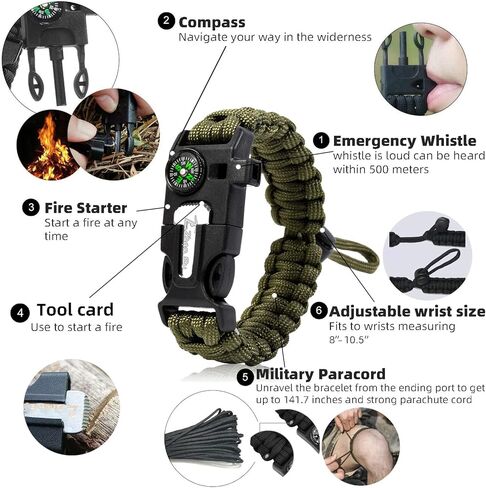 أساور باراكورد قابلة للتعديل في حالات الطوارئ (عبوة من قطعتين) - بوصلة وصفارة وبطاقة أدوات | مجموعة تكتيكية متعددة الوظائف في الهواء الطلق للمشي والتخييم وصيد الأسماك in Kuwait