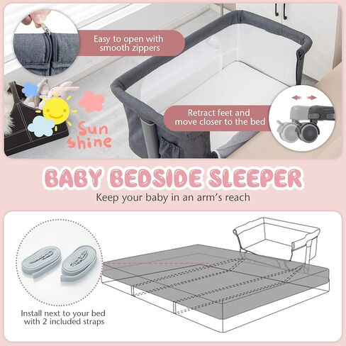 BABY JOY Bassinet Bedside Sleeper, 3 in 1 Folding Crib w/Adjustable Height, Mattress, Lockable Wheels, Storage Pocket & Carry Bag for Infant Newborn, Stationary & Rock, Portable Baby Bassinet (Pink) in Saudi Arabia