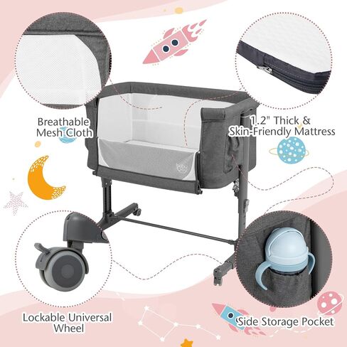 BABY JOY Bassinet Bedside Sleeper, 3 in 1 Folding Crib w/Adjustable Height, Mattress, Lockable Wheels, Storage Pocket & Carry Bag for Infant Newborn, Stationary & Rock, Portable Baby Bassinet (Pink) in Saudi Arabia