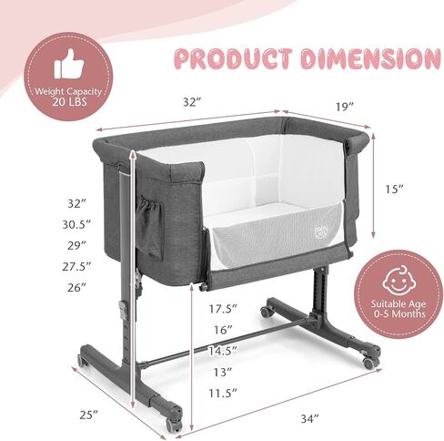 BABY JOY Bassinet Bedside Sleeper, 3 in 1 Folding Crib w/Adjustable Height, Mattress, Lockable Wheels, Storage Pocket & Carry Bag for Infant Newborn, Stationary & Rock, Portable Baby Bassinet (Pink) in Saudi Arabia