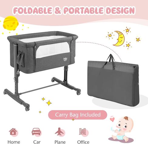 BABY JOY Bassinet Bedside Sleeper, 3 in 1 Folding Crib w/Adjustable Height, Mattress, Lockable Wheels, Storage Pocket & Carry Bag for Infant Newborn, Stationary & Rock, Portable Baby Bassinet (Pink) in Saudi Arabia