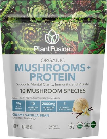 PlantFusion Mushroom Protein Powder - 3 in 1 Vegan Protein Powder, Mushroom Supplement, and Adaptogen Supplement - Support Mental Focus, Immunity, and Recovery - Vanilla 1lb in Saudi Arabia