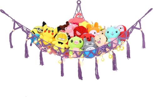Stuffed Animal Net Hammock Macrame Boho Plush Toy Net Hammock For Stuffed Animals With Lights Stuffed Animals Corner Hanging Stuffed Animal Storage Net for Kids Bedroom Black in Saudi Arabia