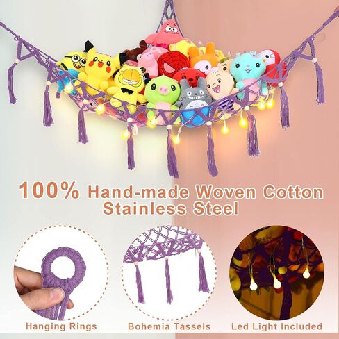 Stuffed Animal Net Hammock Macrame Boho Plush Toy Net Hammock For Stuffed Animals With Lights Stuffed Animals Corner Hanging Stuffed Animal Storage Net for Kids Bedroom Black in Saudi Arabia