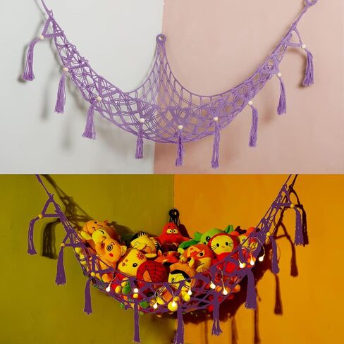 Stuffed Animal Net Hammock Macrame Boho Plush Toy Net Hammock For Stuffed Animals With Lights Stuffed Animals Corner Hanging Stuffed Animal Storage Net for Kids Bedroom Black in Saudi Arabia