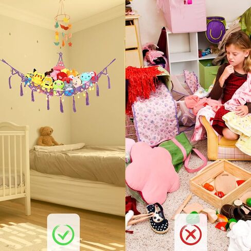 Stuffed Animal Net Hammock Macrame Boho Plush Toy Net Hammock For Stuffed Animals With Lights Stuffed Animals Corner Hanging Stuffed Animal Storage Net for Kids Bedroom Black in Saudi Arabia
