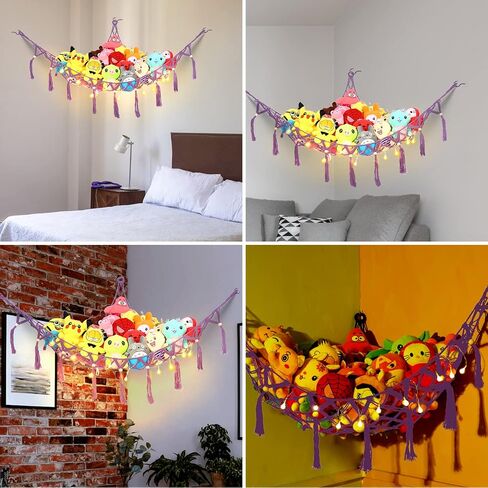 Stuffed Animal Net Hammock Macrame Boho Plush Toy Net Hammock For Stuffed Animals With Lights Stuffed Animals Corner Hanging Stuffed Animal Storage Net for Kids Bedroom Black in Saudi Arabia