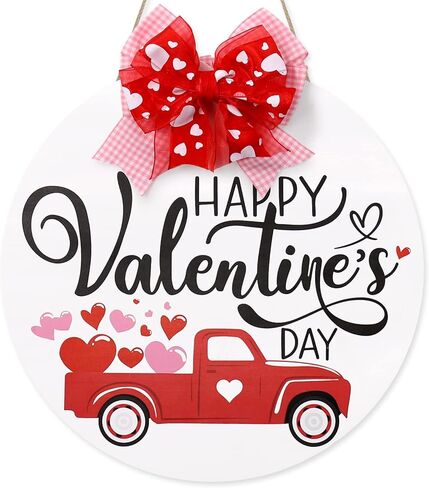 Happy Valentine's Day Wooden Round Door Hanger Red Heart Truck Front Wall Sign Rustic Holiday Romantic Home Decoration Festive Farmhouse Ornament Ideas Supplies 12 Inches in Kuwait
