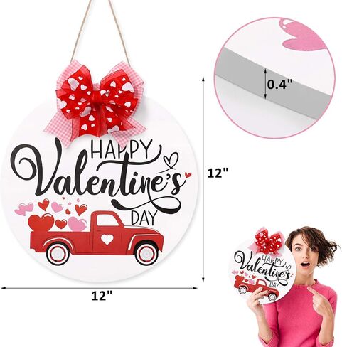 Happy Valentine's Day Wooden Round Door Hanger Red Heart Truck Front Wall Sign Rustic Holiday Romantic Home Decoration Festive Farmhouse Ornament Ideas Supplies 12 Inches in Kuwait