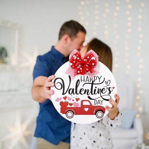 Happy Valentine's Day Wooden Round Door Hanger Red Heart Truck Front Wall Sign Rustic Holiday Romantic Home Decoration Festive Farmhouse Ornament Ideas Supplies 12 Inches in Kuwait