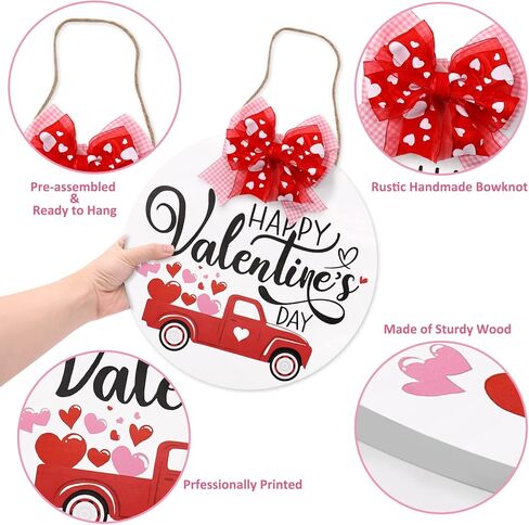Happy Valentine's Day Wooden Round Door Hanger Red Heart Truck Front Wall Sign Rustic Holiday Romantic Home Decoration Festive Farmhouse Ornament Ideas Supplies 12 Inches in Kuwait