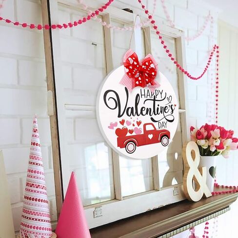 Happy Valentine's Day Wooden Round Door Hanger Red Heart Truck Front Wall Sign Rustic Holiday Romantic Home Decoration Festive Farmhouse Ornament Ideas Supplies 12 Inches in Kuwait