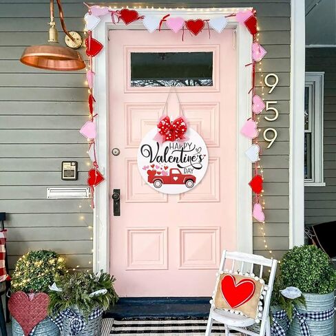 Happy Valentine's Day Wooden Round Door Hanger Red Heart Truck Front Wall Sign Rustic Holiday Romantic Home Decoration Festive Farmhouse Ornament Ideas Supplies 12 Inches in Kuwait