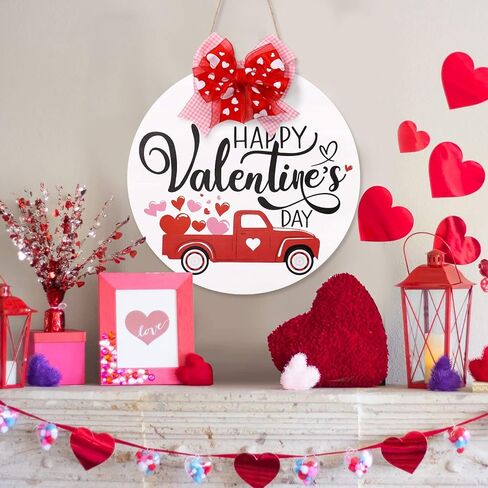 Happy Valentine's Day Wooden Round Door Hanger Red Heart Truck Front Wall Sign Rustic Holiday Romantic Home Decoration Festive Farmhouse Ornament Ideas Supplies 12 Inches in Kuwait