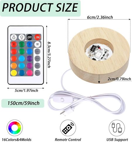 ZILAMGOO Wood Light Display Base with Remote Control | Circular Wooden LED Light Base for Crystal Balls, Resin Art | Multiple Colors Adjustable LED Light Display Base (2.3'') in Kuwait