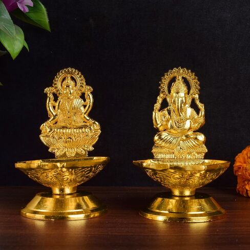 SATVIK Set of 1 Pc Laxmi Ganesha Pair Metal Diya Luxmi Ganpati Dia Lord Ganesh Lakshmi Murti Idol Statue Oil Lamp Decor Home Mandir Office Indian Hindu Diwali Pooja Pujan Housewarming Return Gift Item in Saudi Arabia