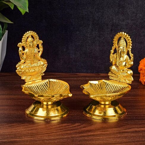 SATVIK Set of 1 Pc Laxmi Ganesha Pair Metal Diya Luxmi Ganpati Dia Lord Ganesh Lakshmi Murti Idol Statue Oil Lamp Decor Home Mandir Office Indian Hindu Diwali Pooja Pujan Housewarming Return Gift Item in Saudi Arabia
