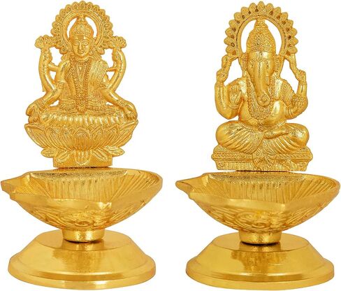 SATVIK Set of 1 Pc Laxmi Ganesha Pair Metal Diya Luxmi Ganpati Dia Lord Ganesh Lakshmi Murti Idol Statue Oil Lamp Decor Home Mandir Office Indian Hindu Diwali Pooja Pujan Housewarming Return Gift Item in Saudi Arabia